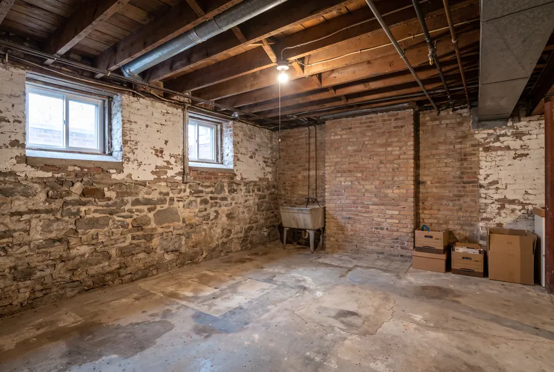Before: Unfinished basement with old stone and brick foundation walls, exposed joists, a laundry tub and a bare concrete floor