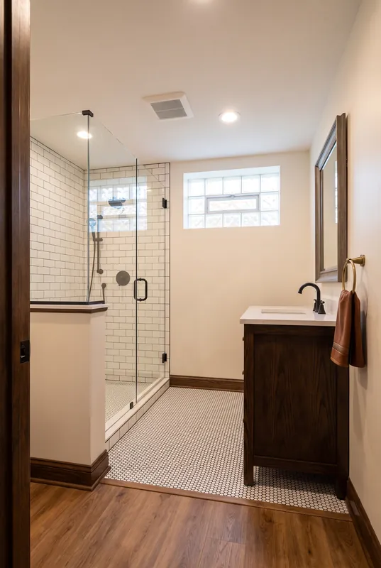 Basement bathroom with a white subway tile shower, a white penny tile floor, a glass block window and a dark wood vanity