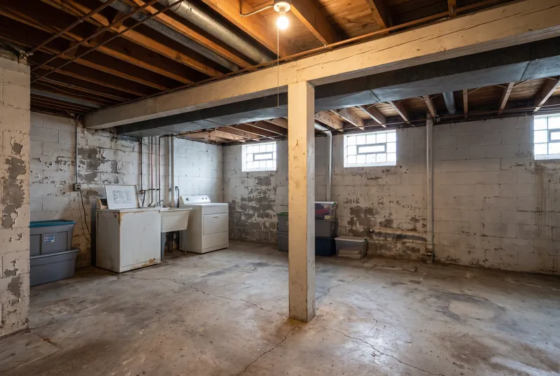 Before: Unfinished bungalow basement with painted block walls, low joists, glass block windows and an old laundry area