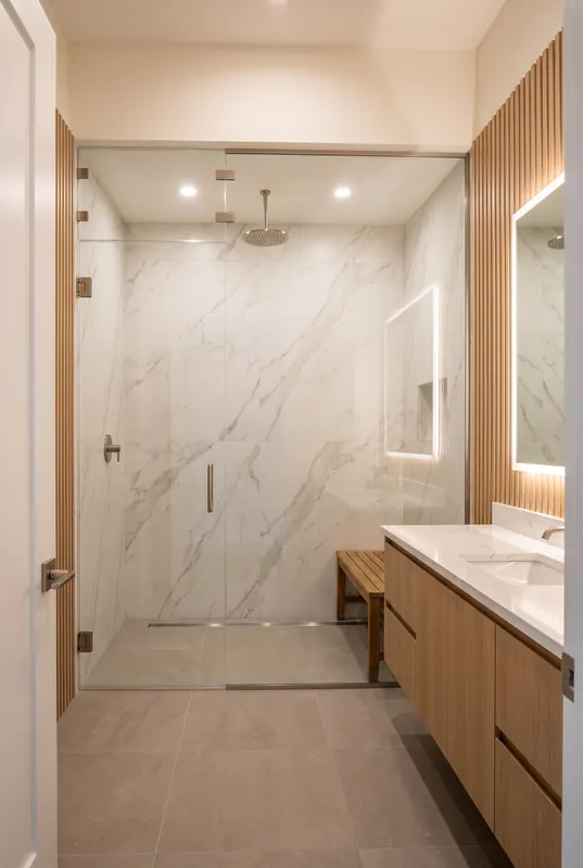 Spa style basement bathroom with a frameless glass steam shower, marble look tile, teak bench and floating white oak vanity