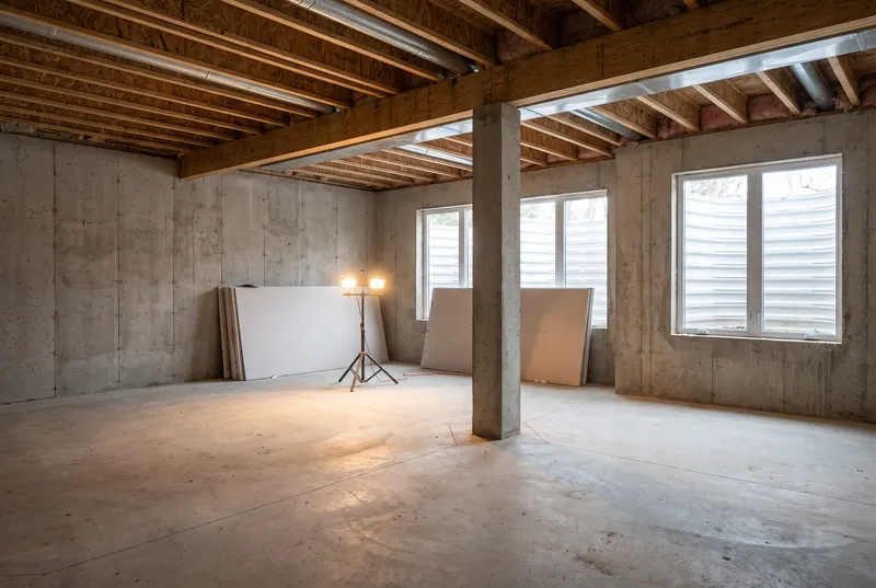 Before: Unfinished lower level with bare concrete walls, exposed joists and ductwork, and egress windows