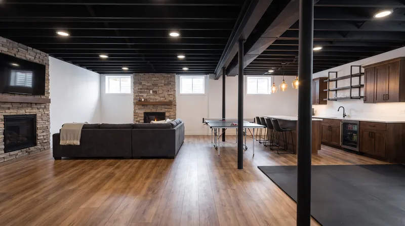Long finished basement with a black painted open ceiling, a stone fireplace, a ping pong table and a walnut wet bar