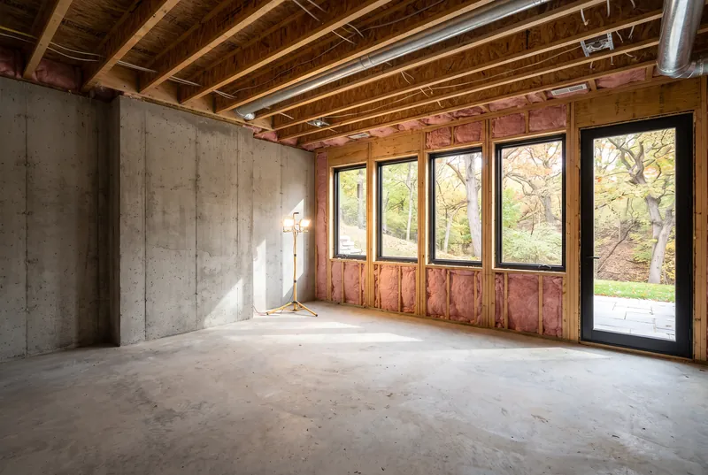 Before: Unfinished walk out lower level with a framed window wall, bare concrete walls and exposed joists