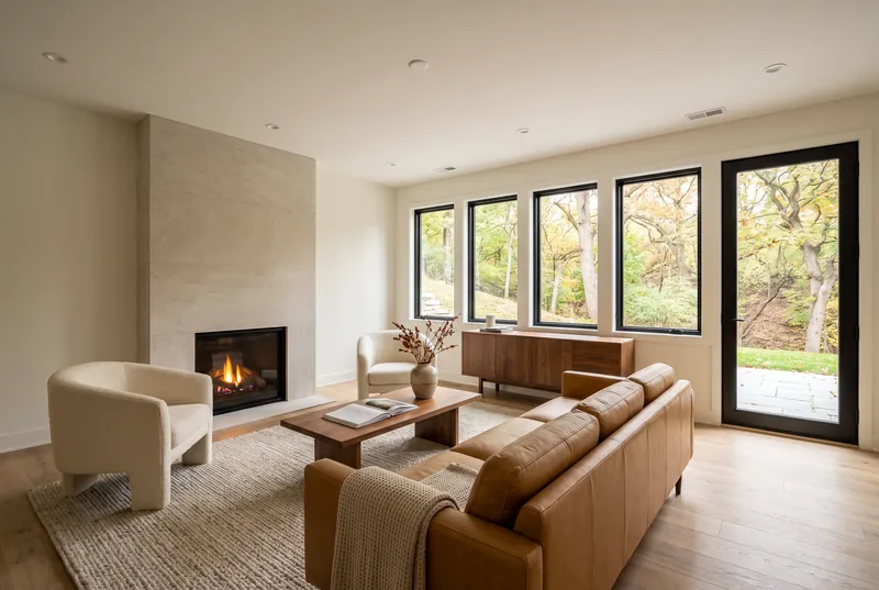 Walk out lower level lounge with a limestone fireplace, camel leather sofa and tall windows facing a wooded ravine