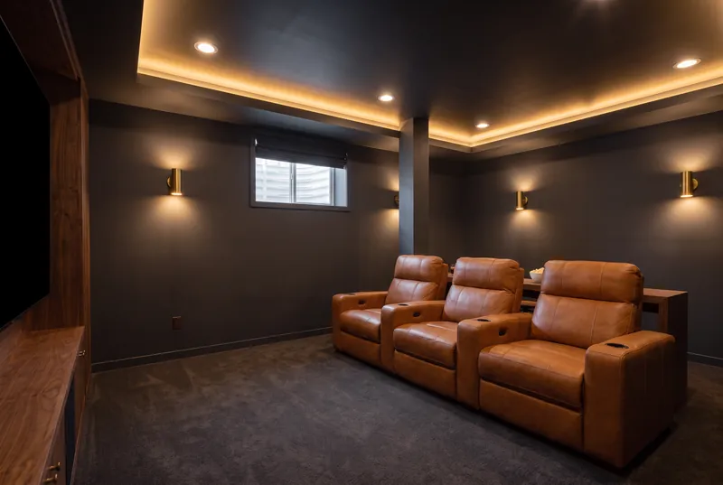 Basement home theater with three cognac leather recliners, a walnut drink rail behind them and brass wall sconces