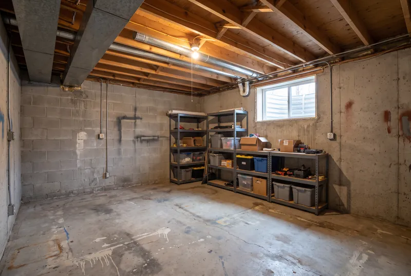 Before: Unfinished basement room with concrete block walls, exposed joists, a bare bulb and storage shelves