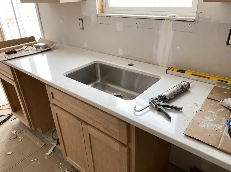 New quartz countertop just set, faucet not yet installed