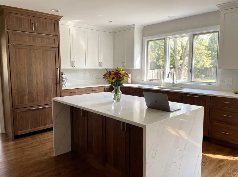 High-end kitchen with walnut cabinets and a waterfall island