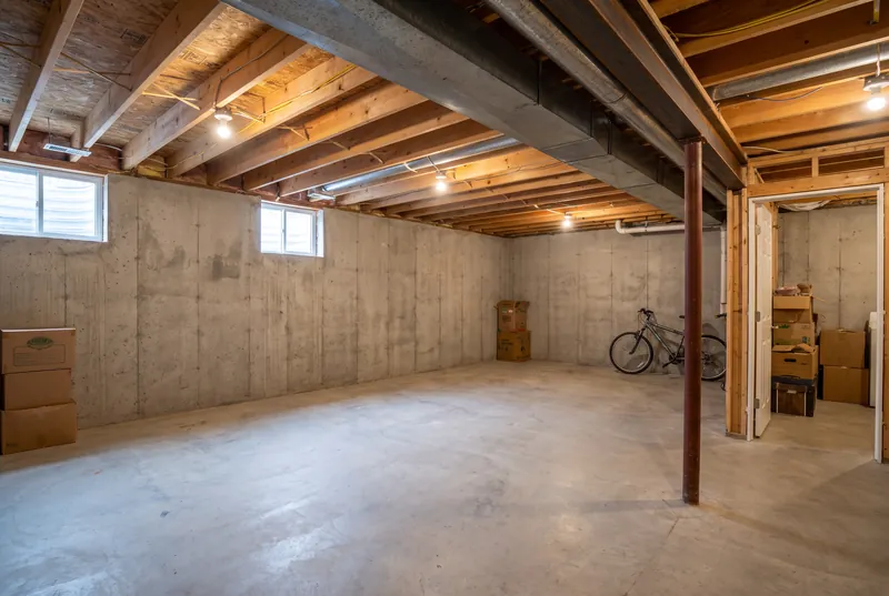 Before: Unfinished basement with concrete walls, exposed joists and wiring, a steel column and storage boxes