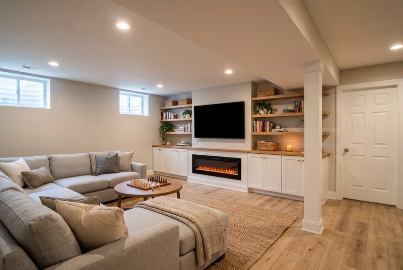 Finished basement family room with a fireplace media wall, built in cabinets, oak shelves and a grey sectional