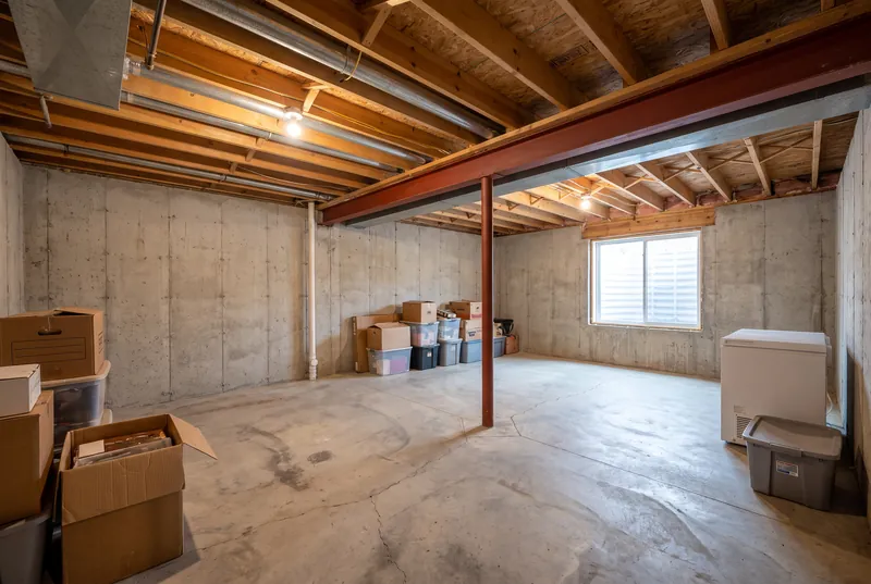 Before: Unfinished basement with concrete walls, exposed joists, a steel column and storage boxes