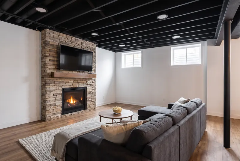 Basement lounge with a stacked stone fireplace, wood mantel, TV and a charcoal sectional