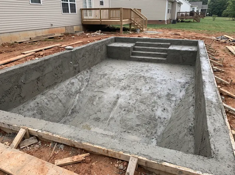 Freshly sprayed concrete pool shell curing before tile and coping