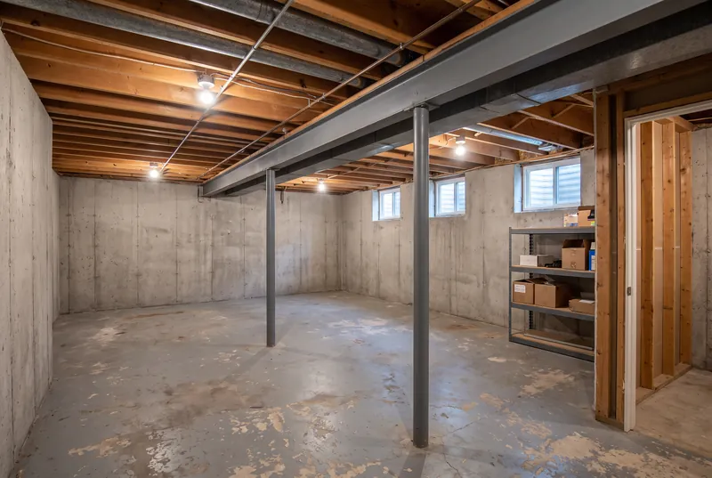Before: Unfinished basement with poured concrete walls, exposed joists, a steel beam on two columns and storage shelving