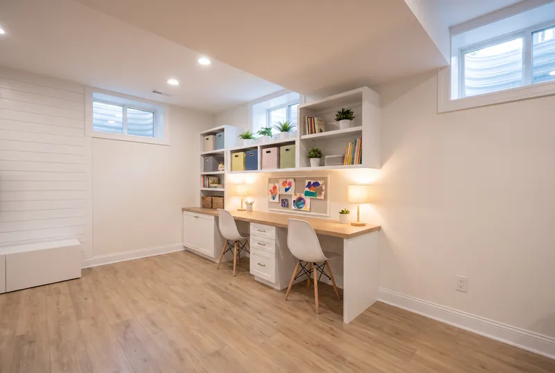 Built in basement homework station with a white desk, oak top, open shelves and two chairs