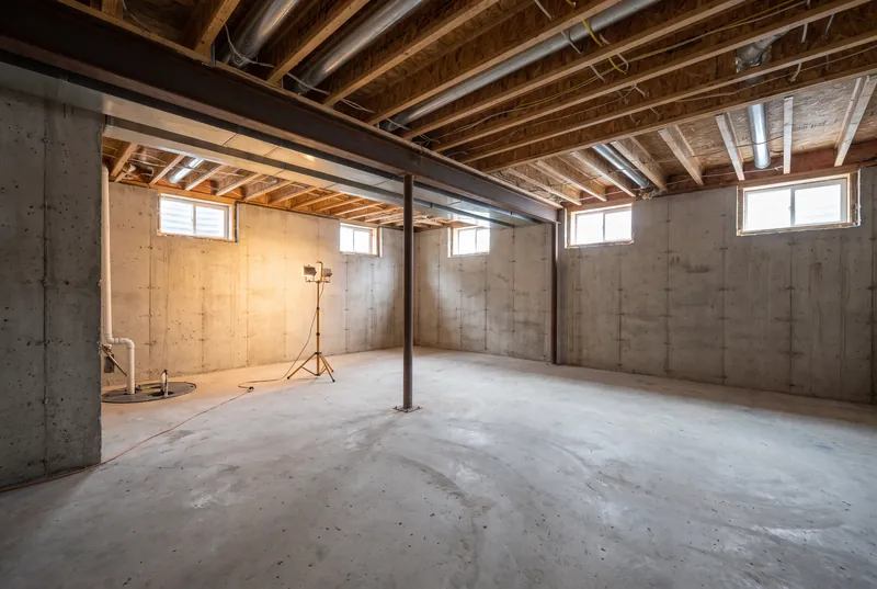 Before: Unfinished basement with poured concrete walls, exposed joists, steel columns and small high windows