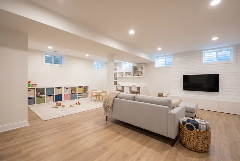 After: Bright family basement with a grey sectional, shiplap TV wall, built in cubbies and a kids' play area